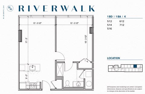Floor plan for 1 bed, 1 bath, 736 sqft
